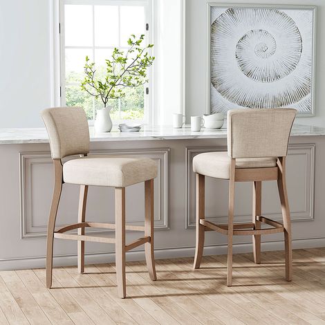 Set of 2 Height Linen Bar Stool for Kitchen, Beige (1/4)