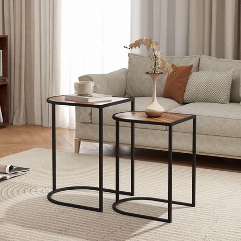 Ensemble de tables gigognes, tables d'appoint, structure en métal, plateau imitation bois, marron (1/5)