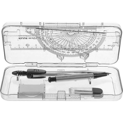 Ensemble d'outils de dessin géométrique comprenant compas, rapporteur, compas à pointe plate, règle, mine de crayon et gomme. (1/3)