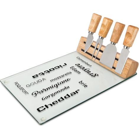 Lot de 5 Accessoires de Fromage faciles d'entretien : Plateau en Verre, Corps en Bois avec Support magnétique, 4 Couverts à Fromage, Dimensions : env. 30 x 20 x 12 cm (1/2)