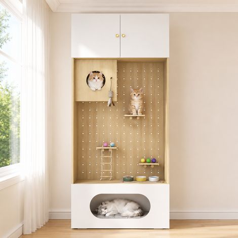 Armoire multifonction pour chat 90 ×50 ×202 cm blanc aspect bois, mur d'escalade, niche, surface de repos avec coussin doux et espace de rangement pour votre félin (1/5)