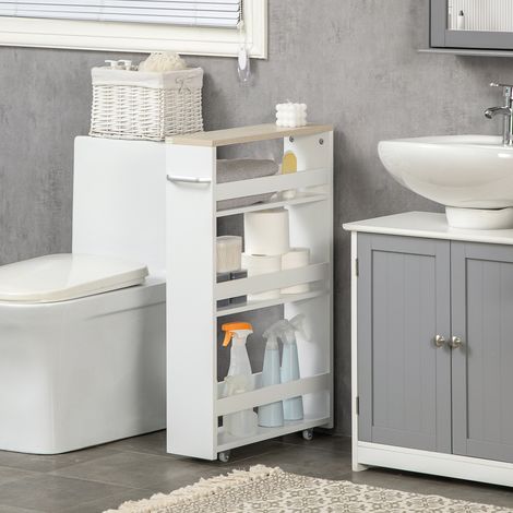 Carrito de cocina de 3 niveles que ahorra espacio, mueble de baño con ruedas y tirador de madera, 48x15x80cm, blanco