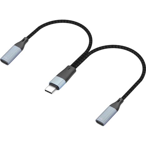 Câble d'extension USB C Y mâle vers double type C femelle OTG câble USB C répartiteur 1 entrée 2 sorties de charge pour ordinateur portable, tablette, voiture, clé USB, clavier, souris, 17 cm (1/5)