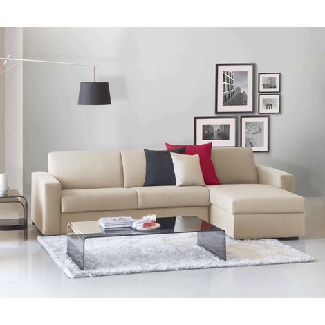 Dmora - Sofá fijo Dland, Sofá de esquina, 100% Made in Italy, Sofá Sala de estar, con contenedor reversible Peninsula, en tela acolchada, con reposabrazos estándar, Cm 280x95h90, Beige (1/5)