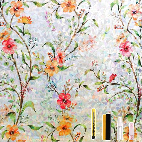 Film Fenetre Anti Regard Arc en Ciel 3D Films Occultant Vitre, Statique Adhesif Électrostatique Opaque Vitrage Film Décoratif pour Chambre Bureau Cuisine,Fleurs 90 X 200 CM (1/5)