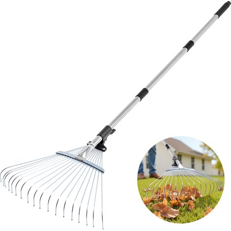 VEVOR Leaf Rake, 18 Metal Tines, Adjustable Garden Rake for Lawns with 7.7-17.1 Inch Head & 32.3-55.6 Inch Long Handle, Heavy Duty Stainless Steel Small Leaves Tool for Gardening Camping Yard Grass (1/5)