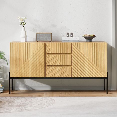 Buffet meuble TV 2 portes 3 tiroirs pieds métal design linéaire 140x40x75cm commode rangement salon séjour, naturel (1/5)