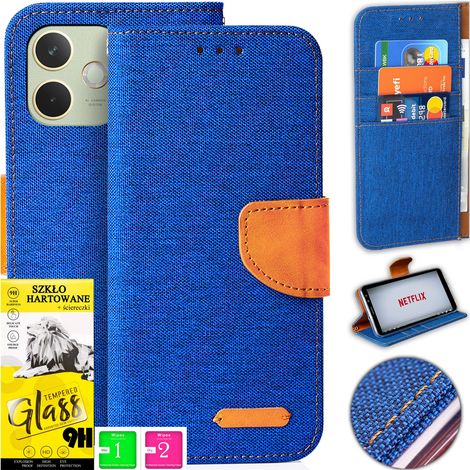 Custodia per Oppo A5 Pro 5G in tela con portafoglio magnetico + vetro 9H (1/5)