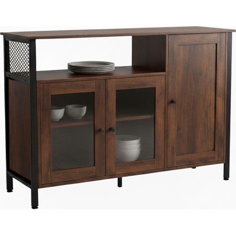 Relaxdays Küchenschrank mit Glastüren, HBT: 75 x 110 x 33 cm, 5 Fächer, Sideboard Küche, Industrial, dunkelbraun/schwarz