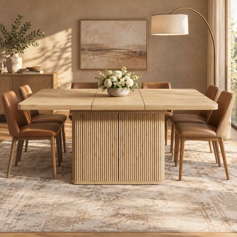 Ausziehbarer Esstisch 140–180 x 80 x 76,5 cm, MDF, helles Holz, Stauraum – MEUBLIV (1/5)
