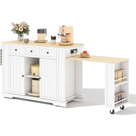 CHICFURN Isla de cocina móvil con mesa extraíble, carrito de cocina con enchufes y USB, 2 puertas, 2 cajones, estantes ajustables, blanco y madera clara (1/5)