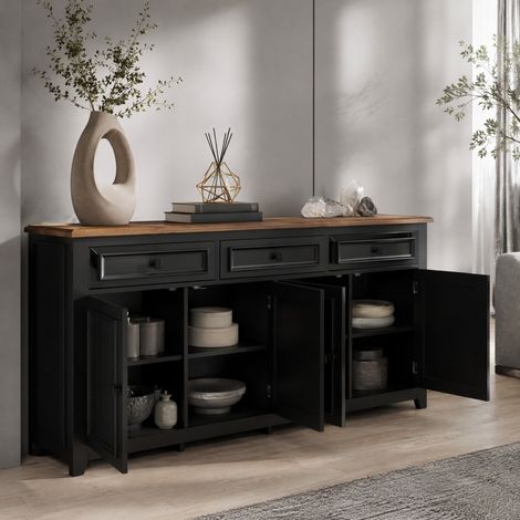 MEUBLIV Credenza contenitore 160 x 35 x 76 cm nera effetto legno, 3 cassetti 4 ante (1/5)