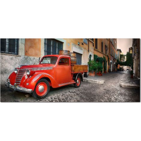 Lupia - Quadro moderno su Tela Canvas DEEP 65X143 cm, con paesaggi e localismi italiani, per casa, soggiorno, capezzale camera da letto, hotel, ufficio, ROMA - TRASTEVERE-CAMIONCINO ROSSO (1/4)
