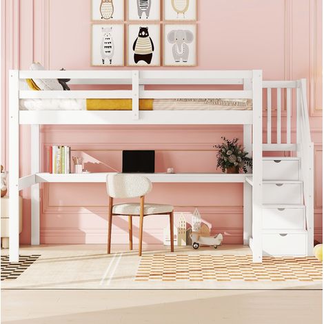 Lit 140x200 avec bureau, rangement, pin blanc HAVRYA (1/5)