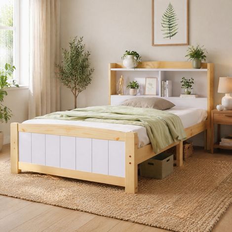 Lit simple 90x200 avec tête de lit rangement bois blanc HAVRYA (1/5)