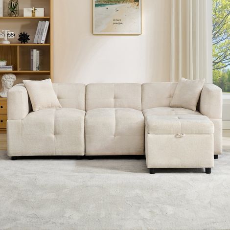 Divano angolare 3 posti 204x126x69 cm con poggiapiedi estraibile e vano portaoggetti - Tessuto in velluto chenille - Colore beige (1/5)