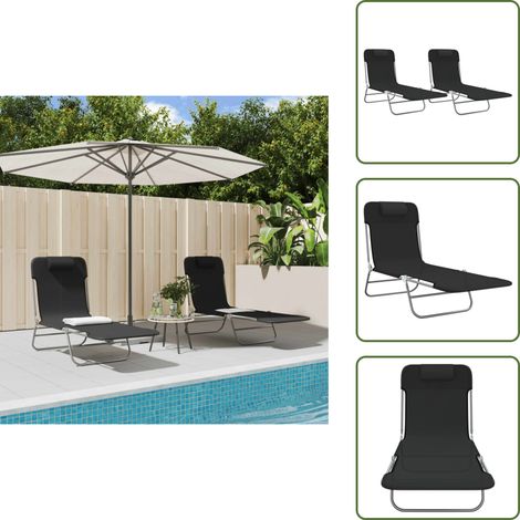 Chaises longues pliables lot de 2 noir textilène et acier - Chaise Longue - Bain De Soleil - Mobilier De Jardin - Textile - Aluminium (1/5)
