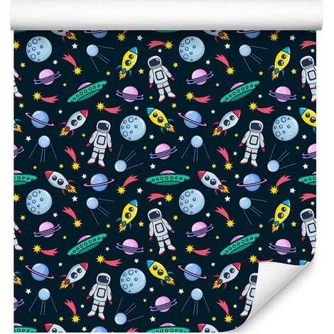 Papel pintado de planetas, astronautas, cohetes y ovnis para salón y dormitorio, 50x1000 cm. (1/5)