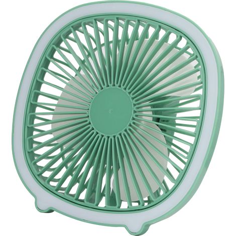 Verstellbarer, leiser, wiederaufladbarer Mini-Tischventilator zum Aufhängen mit mintgrüner LED-Beleuchtung. (1/4)
