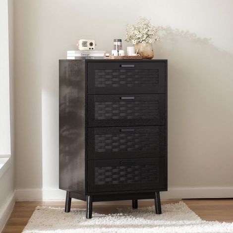 Commode chambre adulte, 4 tiroirs, tressage de rotin, Minimaliste moderne, 55 x 39 x 95 cm, noir