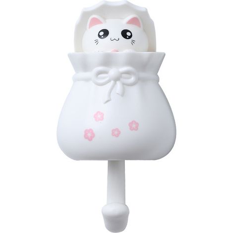 Porte-manteau mural adhésif sans perçage en forme de chat, lot de 1, crochet décoratif pour suspendre chapeaux, clés et serviettes, blanc (1/2)