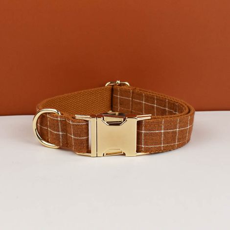 Collier pour chien plaid XS ajustable avec boucle Velcro et anneau D métallique couleur marron (1/2)
