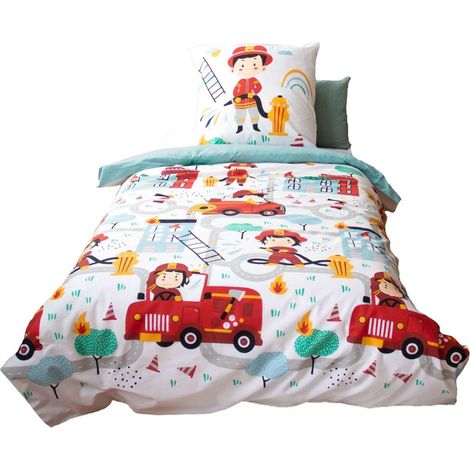Parure de lit enfant Pompier – 100% coton BCI adouci 57 fils – Dimensions housse 200x140cm et taie 63x63cm – Tissu certifié OEKO-TEX – Côté Déco