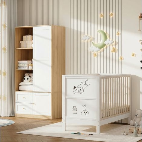 Babybett und Kleiderschrank für Kinderzimmer, Naturholz und Weiß, HAVRYA (1/5)