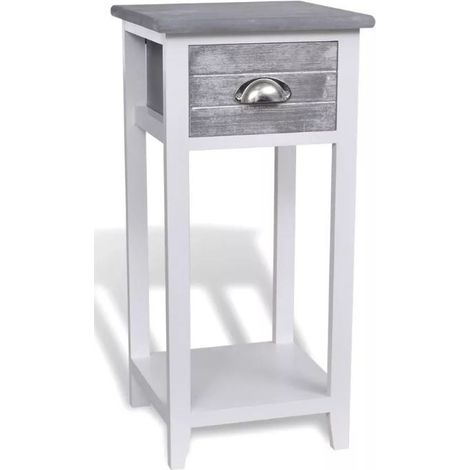 Table de chevet 1 tiroir bois paulownia gris et blanc Poupa (1/3)