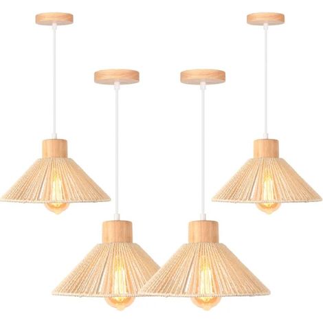 4pcs Suspension Luminaire Industriel,26cm Lampe de Plafon Abat-jour en Rotin Blanc et Bois Lustre Vintage pour Salon Chambre (1/5)