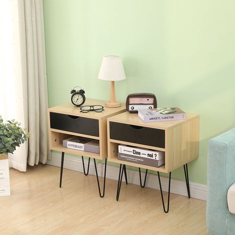 Lot de 2 tables de chevet industrielles avec tiroir - décor bois et noir - 403450cm (1/5)