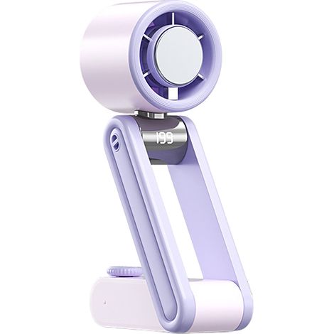 Ventilador portátil plegable, 3 en 1 (portátil, con correa para el cuello, de escritorio), con pantalla digital, ideal para actividades al aire libre (morado). (1/5)