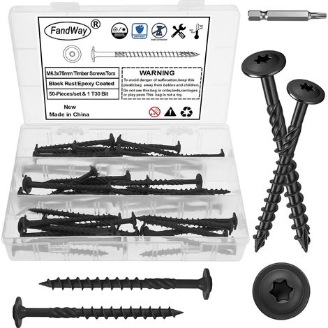 50 Pièces Vis à Bois Torx pour Panneaux D'aggloméré 6,3x75mm Vis à Tête Ronde Large Bombé,Vis Autotaraudeuses Torx Universelles Noir Pour Construction de Toiture,Terrasse Avec 1 T30 Bits. (1/5)