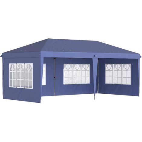 Pavillon pliant 6 x 3 m, semi-ouvert, panneaux latéraux amovibles, grandes fenêtres, sac de transport, structure en acier, bleu