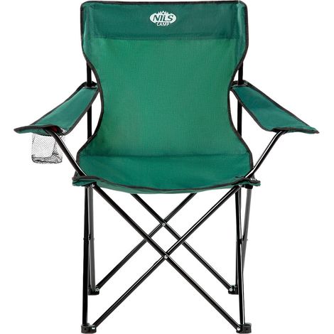 Silla de camping plegable verde con portavasos