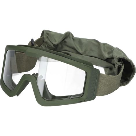 Lunettes de protection renforcées, résistantes aux chocs et offrant une protection UV, avec verres transparents, verres gris et verres jaunes traités, et monture verte. (1/5)