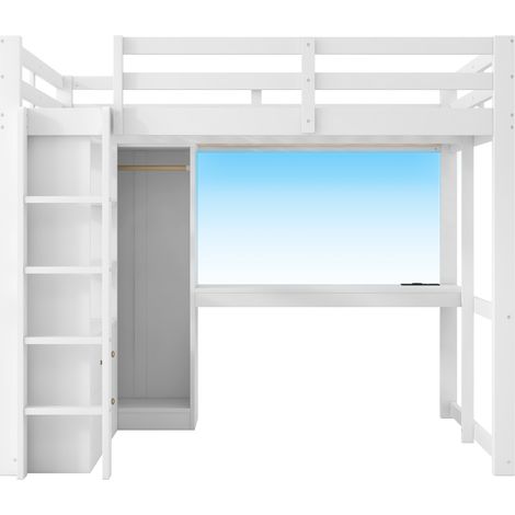 Letto a soppalco 140x200 bianco con scrivania integrata, 2 cassetti, mensole, LED e USB (1/5)