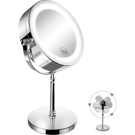 Miroir de maquillage avec lumières, Miroir de maquillage éclairé 1x / 10x grossissement, Miroir de Vanité avec lumières, 7, 360 (1/5)