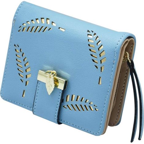 Portefeuille court zippé en cuir avec feuilles découpées (bleu),