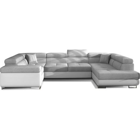 Canapé convertible panoramique TOVY tissu et simili cuir - têtières réglables à droite-Blanc/Gris clair-Coffre à droite (1/5)