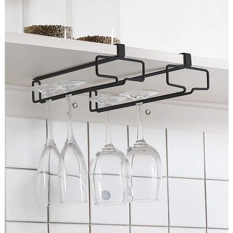 Porte verres à vin noir (lot de 2), support à verres à pied, étagère de rangement suspendue pour sous meuble et cuisine