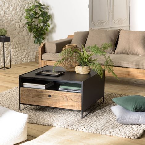 DANDY - Table basse noire 80x80cm 1 tiroir bois Pin recyclé et métal (1/5)
