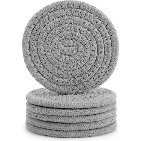 Juego de 6 posavasos con soporte, posavasos tejidos vintage para mesa de centro, posavasos absorbentes, posavasos de tela trenzada hechos a mano, regalos de decoración para el hogar - 11 cm (gris)