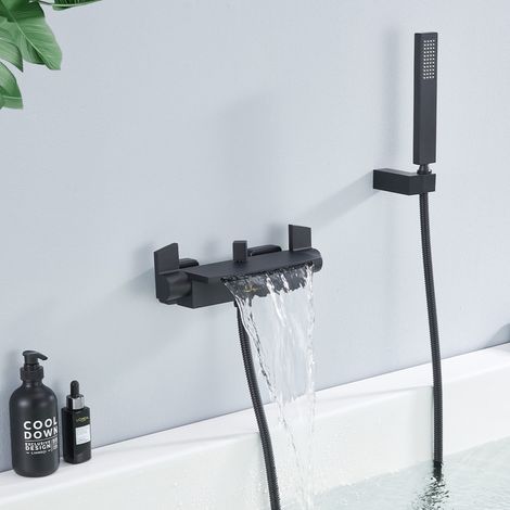 Mitigeur de Baignoire Cascade en Laiton Noir Mat - Robinet Mural Économiseur d'Eau avec Grand Sortie d'Eau, Douchette à Main et Flexible (1/5)