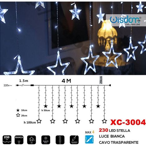 Wisdom - Tenda Luminosa Natalizia 230 Led Con Stelle Luce Bianca Cavo Trasparente Xc-3004 -