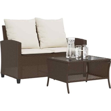 Gartensofa 2-Sitzer mit Kissen & Tisch Braun Poly Rattan