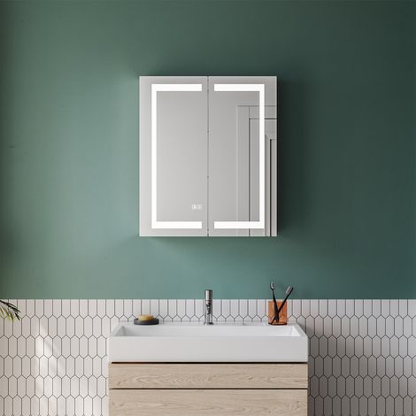 SIRHONA Specchio LED con illuminazione Specchio da bagno Interruttore a sfioramento Senza nebbia Acciaio inox 60x70cm Cerniera senza fili Design (1/4)