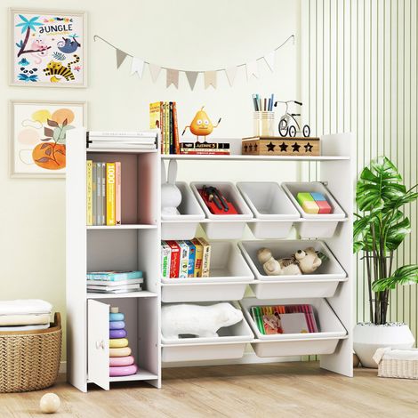 Meuble de rangement enfant 3-8 ans, armoire jouets avec 8 paniers amovibles, étagères et casier, blanc (1/5)