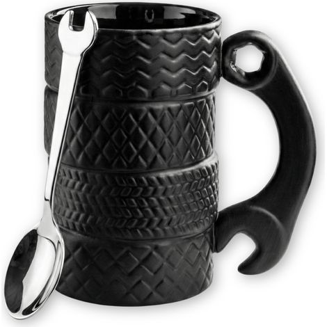 Keramik-Reifenbecher, schwarzer Schraubenschlüssel mit Mechanikerlöffel