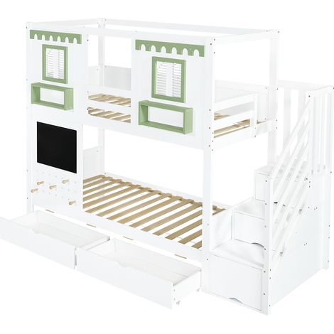CAIziLit superposé enfant 90x200, escalier rangement, crochets, blanc/vert (1/5)